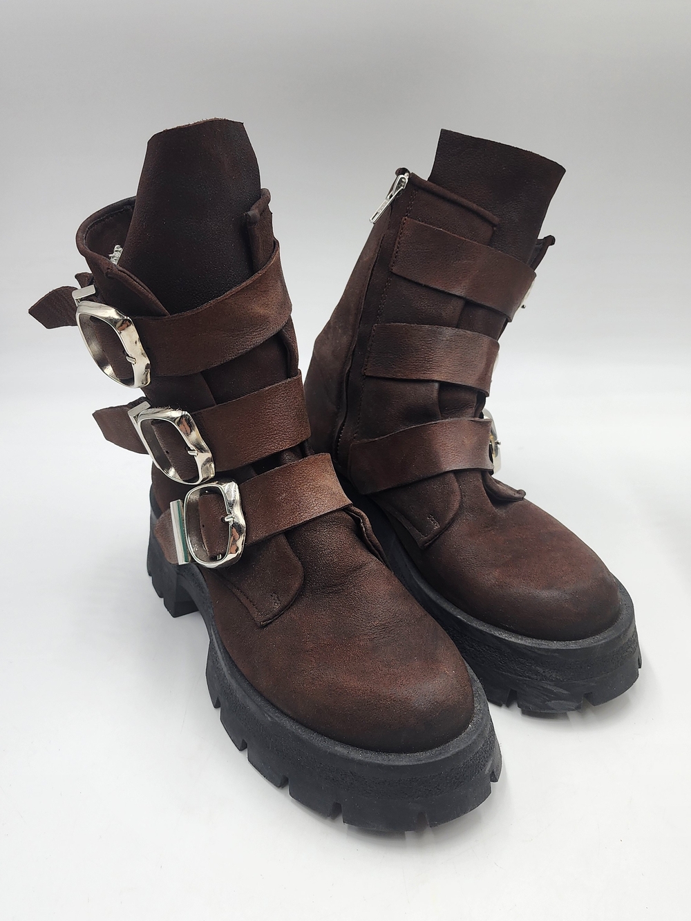 Steve Madden Roland Brown Leather Buckle Strap Zip Chunky Boot Size 8 M